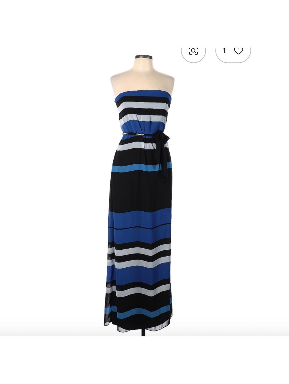Cache Strapless Blue and Black Striped Maxi Dress Size 12